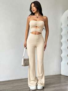 SHEIN Unity جمبسوت كاجوال للنساء بلون أحادي مجعد وفتحات للاستخدام اليومي - لون مشمشي - مشاهدة 1