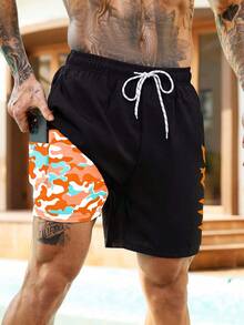 Palasendo Shorts de Praia Masculina com Estampa de Letra, Cintura com Cordão e Dupla Camada - Multicolorido - Visão 3