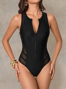 Shapewave Women's Summer Beach Vacation Backless Splice Sheer Mesh Zipper Front One-Piece Swimsuit - Black - View 6