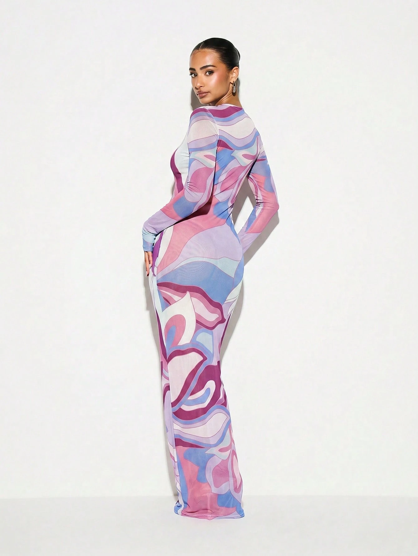 KIZN Printed Mesh Sheer Maxi Dress With Long Sleeves