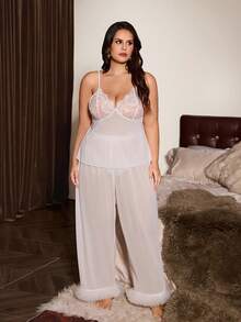 Slumberist Plus Size Lace Mesh Pajama Set, V-Neck Sexy Lace Camisole + Wide Leg Pants With 3D Floral Trim, Sexy Romantic Bridal Honeymoon Sleepwear - White - View 6