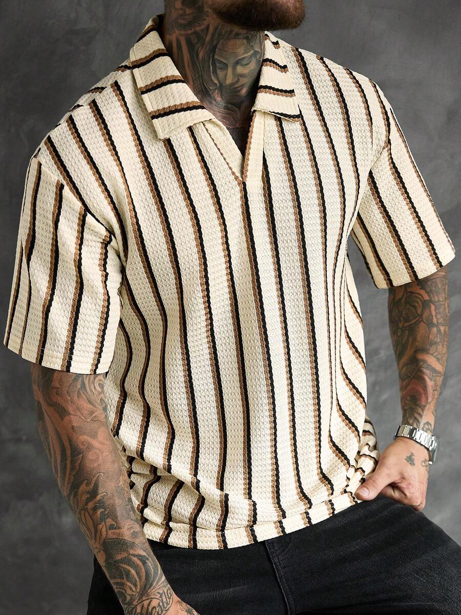 SLATEMANN Camisa polo de manga corta a rayas de talla grande regular para hombres de moda - Multicolor - Ver 1