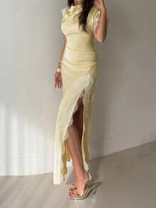Aloruh Women's Elegant Light Yellow Dress, Sexy High Slit Lace Trim Asymmetric Short Sleeve Dress - Light Yellow - View 4