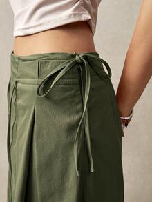 Bohemela Women's Solid Color Tie-Waist Loose Wide-Leg Pants, Vacation - Army Green - View 9