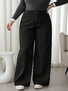SHEIN Tall CURVE 大尺碼女款休閒寬鬆口袋牛仔長褲 高腰寬腿褲 純白色 寬鬆版型 全長休閒長褲 日常穿搭 通勤法式休閒 冬春 聖誕節 新年 感恩節 假期 畢業 穿搭 時髦 Y2K 可愛街頭風 Coquette 派對 婚禮 優雅商務休閒 女款極簡長褲 - 黑色 - 查看 1