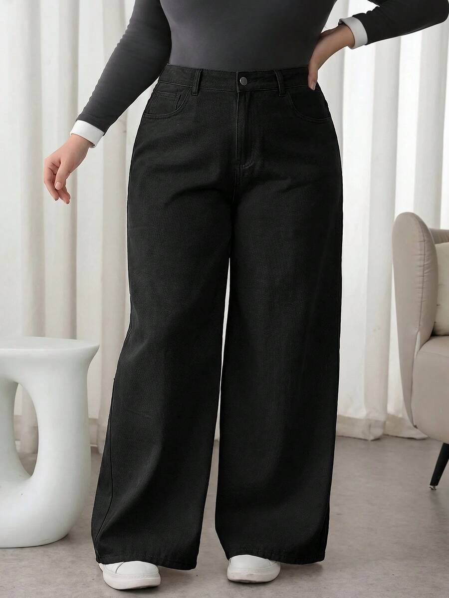 SHEIN Tall CURVE 大尺碼女款休閒寬鬆口袋牛仔長褲 高腰寬腿褲 純白色 寬鬆版型 全長休閒長褲 日常穿搭 通勤法式休閒 冬春 聖誕節 新年 感恩節 假期 畢業 穿搭 時髦 Y2K 可愛街頭風 Coquette 派對 婚禮 優雅商務休閒 女款極簡長褲 - 黑色 - 查看 1