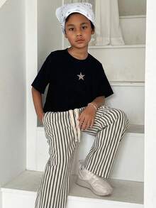 Hapijoa Plus Size Boys' Summer Striped Loose Wide-Leg Pants - Black and White - View 4