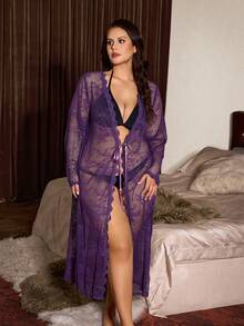 Slumberist Jubah Panjang Lengan Panjang Seksi Berenda Transparan Ukuran Besar dengan Tali Pengikat - Purple - View 1