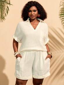 BrightlyHer Plus Size Women Textured Vacation Pocket Shirt And Casual Shorts 2 Pieces Set - White - View 6