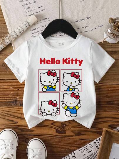 HELLO KITTY AND FRIENDS | SHEIN 女童圆领卡通字母印花休闲百搭日常短袖T恤
