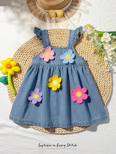 Cozy Pixies Đầm denim xếp ly họa tiết hoa cho bé gái, kiểu dáng thường ngày, thích hợp đi nghỉ mát hoặc mặc hàng ngày.