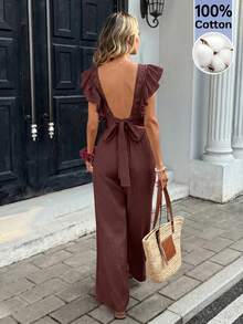 Serisse Bộ jumpsuit nữ thời trang, đa năng, cổ chữ V, tay bồng, chất liệu vải dệt họa tiết. - Cà phê nâu - Xem 4