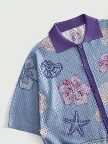 ROMWE MEN Street Life Camisa de punto de manga corta con botones y estampado de criaturas marinas en colores contrastantes para hombre - Multicolor - Ver 3