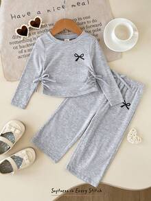 Cozy Pixies Set Pakaian Bayi Perempuan Kasual Lucu Rajut Abu-abu Motif Pita Atasan Lengan Panjang Berkerut Leher Bulat + Celana Flare - Grey - View 6