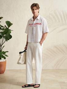 Airaco Men's Summer Letter Print Striped Shirt - White - View 5