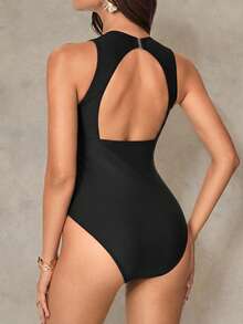 Shapewave Women's Summer Beach Vacation Backless Splice Sheer Mesh Zipper Front One-Piece Swimsuit - Black - View 2