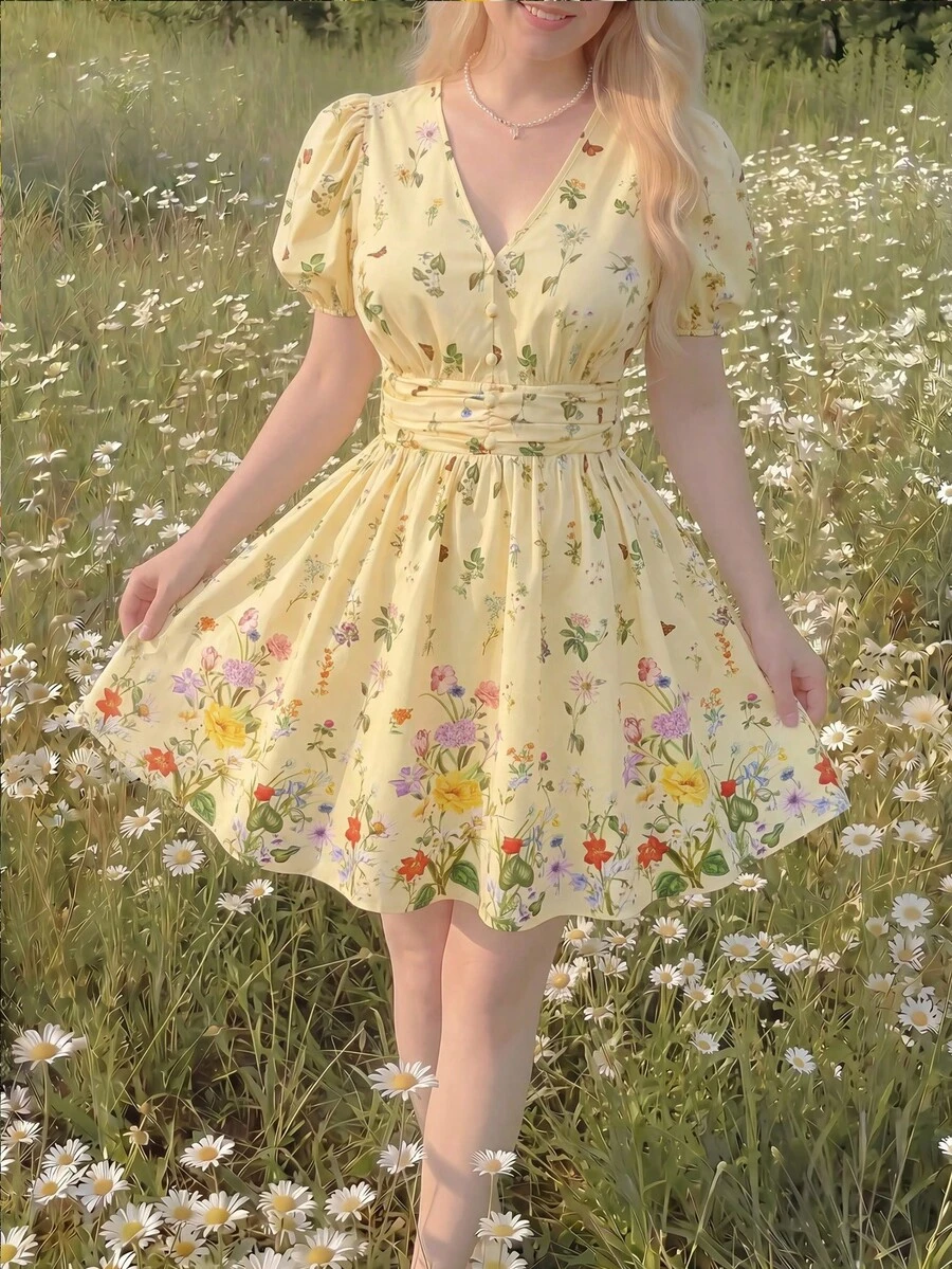 SHEIN MOD 大码黄色碎花衬衫裙，浪漫度假装，乡村郊游服，春夏款