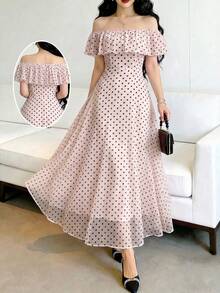 Modelyn Gaun Elegan Modis Model Off-Shoulder Motif Polkadot dengan Pinggang Ramping, Musim Semi/Panas - Berwarna merah muda - View 4