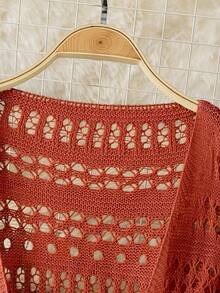 DreamSkyne Plus Size Women's Solid Color Beach Resort Romantic Crochet Net Drawstring Tie Bow Cardigan Western Wear - Orange - View 3