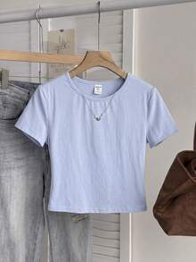 SHEIN 95%棉质休闲简约浅蓝色圆领插肩袖修身T恤 - 藍色 - 查看 6