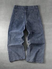 ROMWE MEN Jeans de mezclilla casual para hombres con bordado de cruz y efecto desgastado - Azul - Ver 4