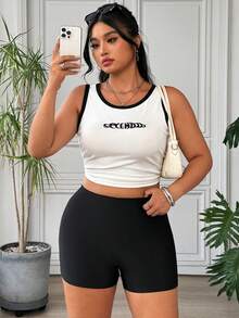 SHEIN EZwear 大码女式休闲运动日常通勤纯色高腰骑行短裤 - 黑色 - 查看 5