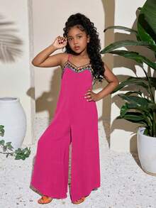 SHEIN Tween Girls' V-Neck Strap Patchwork Wide Leg Flare Jumpsuit, Vacation Wear For Spring/Summer - Hot Pink - View 4