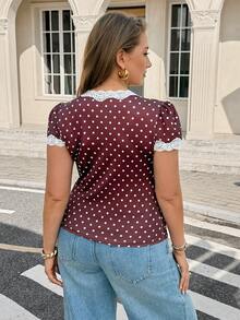 Easura Plus Size Women Elegant French Brown Polka Dot Lace Contrast Color Elastic Blouse - Brown - View 2