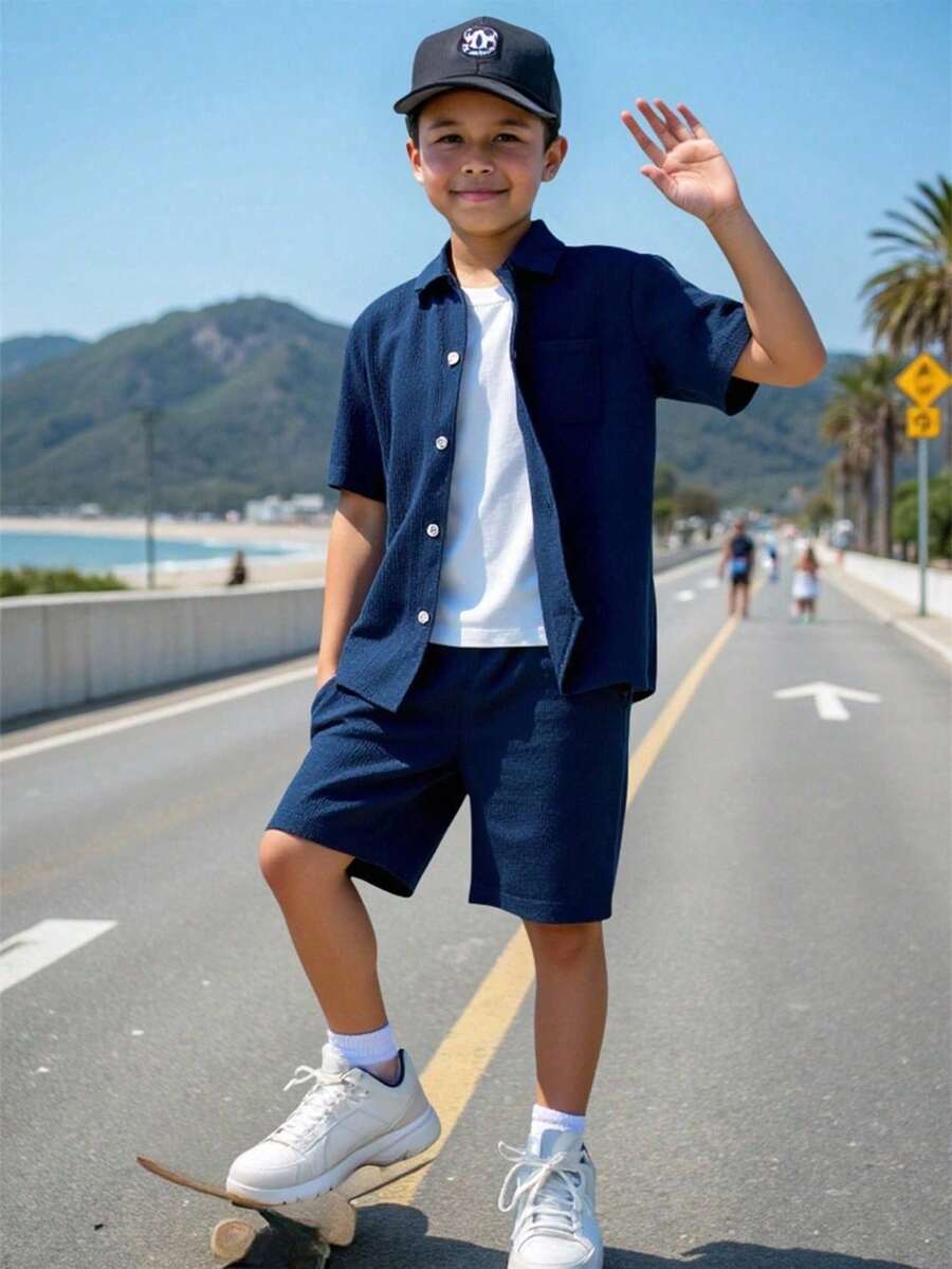 SHEIN Coolqubz 男大童素色前紐扣襯衫&短褲不帶T恤
