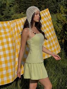MainGRL Pale Yellow Square Neck Beaded Strap Tiered Mini Dress,Women Lime Green Cottage Core Summer Picnic Holiday Easter Spring Break Coquette Outfit - Green - View 3