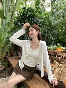 K-Vae Women's Spring/Summer Casual Everyday Commute Solid Color Lettuce Trim Single-Breasted Lightweight Cardigan - White - View 6