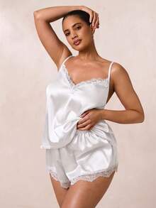 SHEIN BAE CURVE 蕾丝边缎面吊带背心和短裤睡衣套装/睡衣套装白色套装 - 白色 - 查看 4