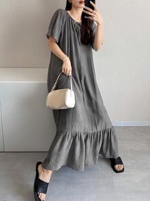 FRIFUL Women's Hollow Neckline Patchwork Pleated Full Skirt Long Dress - Grey - View 4