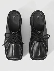 ROMWE Grunge Punk Giày sandal đế xuồng cao gót thời trang nữ, kiểu dáng punk mùa xuân thu, khóa kéo phía trước, buộc dây trang trí, một gót duy nhất, đa năng cho tiệc tùng, kỳ nghỉ, hộp đêm, hoạt động ngoài trời. - màu đen - Xem 5