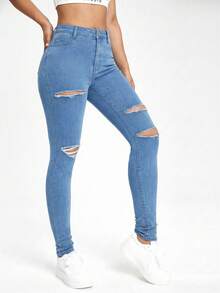 SHEIN EZwear 休閒斜口袋磨損修身牛仔褲 - 淺色水洗藍 - 查看 4