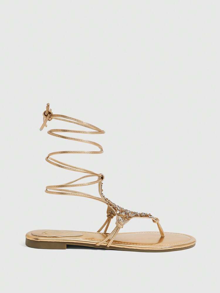 CUCCOO SZL Women's Fashion Glass Rhinestone Sandals, Slip-On, Round Toe, Flat Sandals, Comfortable, Daily Women's Flat Sandals