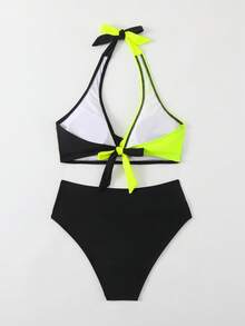 Swim Lushoire 2pcs/Set Women Solid Color Splice Bikini Top And Bottom Swimwear Summer - Multicolor - View 2