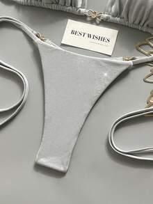 Swim Vcay Women's Solid Color Shiny Fabric Spaghetti Strap Metal Decor Beach Vacation Bikini Set - Silver - View 6