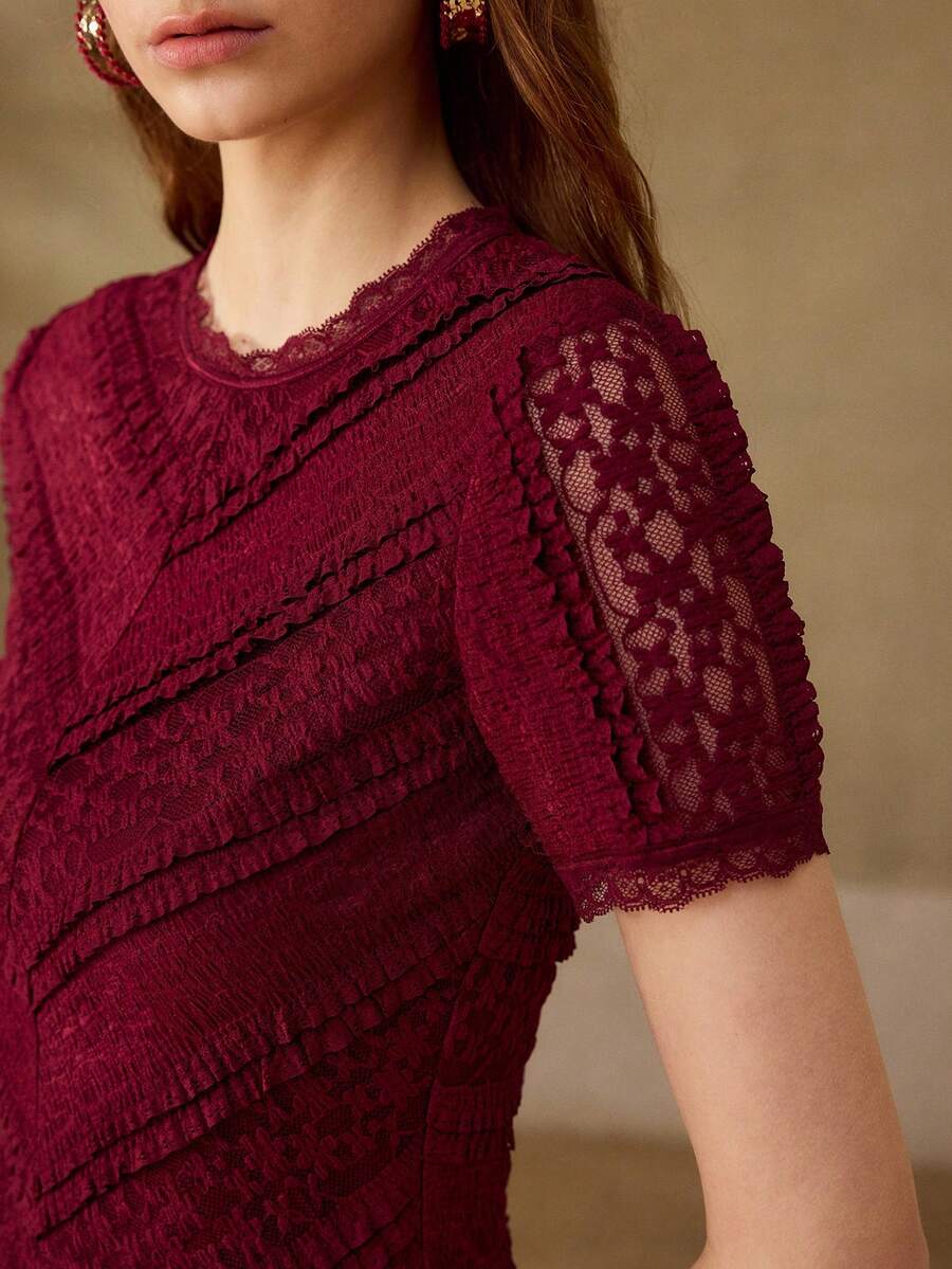 MOTF PREMIUM WOMEN'S LACE FASHIONABLE WAIST CINCHED HOLLOW ELEGANT ROUND NECK PATCHWORK TOP - Burgundy - View 2