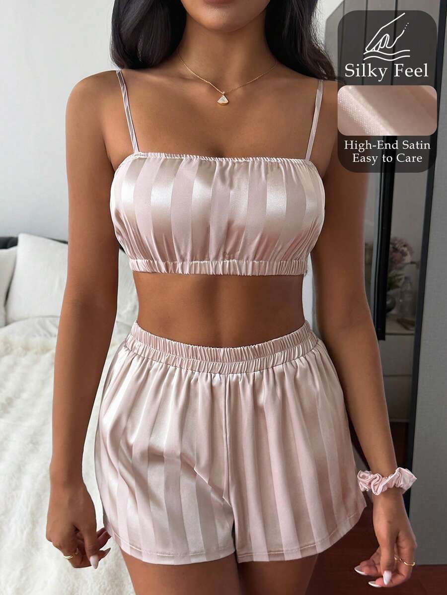 Livesso Bộ đồ ngủ 2 món áo hai dây ngắn sọc và quần short rộng, đồ ngủ mùa hè cho nữ - Màu Khaki - Xem 1