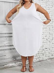 SHEIN CURVE+ 大码女式纯色弧形下摆背心连衣裙 - 白色 - 查看 6