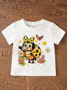 Cute Ladybug Print Colorblock Bow Tee And Shorts 2Pcs Set For Baby Girls, Refreshing Sweet Daily Outfit, Suitable For Spring/Summer, Daily Wear, Outdoor Play, Beach Holiday, Weekend Outing - Multicolor - View 5
