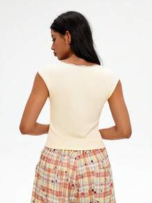 WanderVale Áo tank top không tay dành cho nữ, thiết kế cúp ngực, cổ áo viền ren, chất liệu vải dệt jacquard, ôm sát. - Màu be - Xem 2