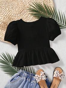 SHEIN LMoss Kids Atasan Pullover Lengan Pendek Kerah Bulat Warna Polos Kasual untuk Anak Perempuan - Hitam - View 2