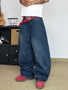 STEELVANCE Quần jeans ống đứng dáng rộng cổ điển, hiệu ứng giặt mài, thêu hình ria mèo trên túi, phong cách đường phố đa năng. - Màu xanh lam - Xem 5