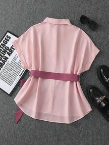 Franclia Color Block Black & White Patchwork Bow Tie Waist Design French Commuter Chic Plus Size Blouse - Rose Red - View 2
