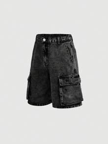 SHEIN 青少年男孩时尚休闲Y2K浅蓝色牛仔工装口袋宽松牛仔短裤，适合青少年男孩日常穿着，柔软舒适，是青少年男孩春夏返校季的理想选择。 - 黑色 - 查看 5
