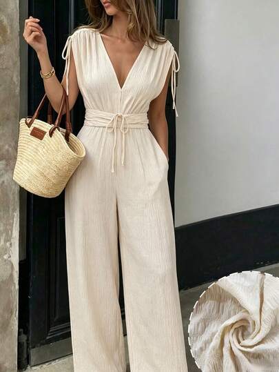 Lacomfia Einfarbiger Jacquard V-Ausschnitt Jumpsuit mit Bindegürtel und geraffter Taille für Damen