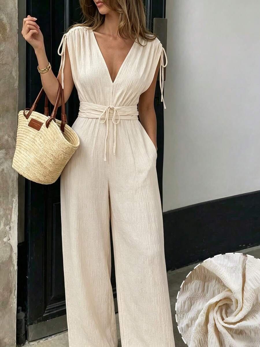 Lacomfia Bộ jumpsuit nữ màu trơn, cổ chữ V, thắt eo xếp ly, chất liệu jacquard, kiểu dáng thường ngày, ôm dáng. - Màu be - Xem 1