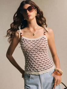 Poéselle Women's White Retro Crochet Knit Tie-Strap Cami Top,Boho Summer Vacation Holiday Beaded Scallop Pattern Open Knit Vest Festival Crop Tank Sweater - Brown - View 2